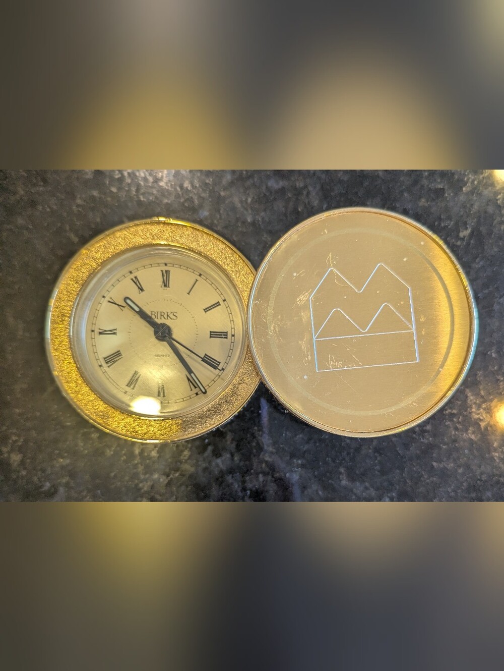 Vintage Birks Bank Of Montreal Gold Tone Round Desk Clock.